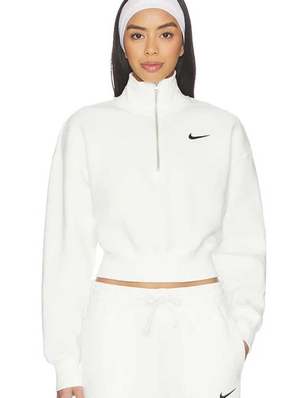 Nike White Cropped Half-Zip Sweatshirt with Black Swoosh